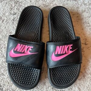 Nike Black and Pink Slide Sandals